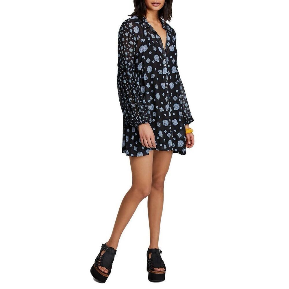 Free People Turn Turn Mini Dress Sheer Black and Blue Medallion Long Sleeve XS
